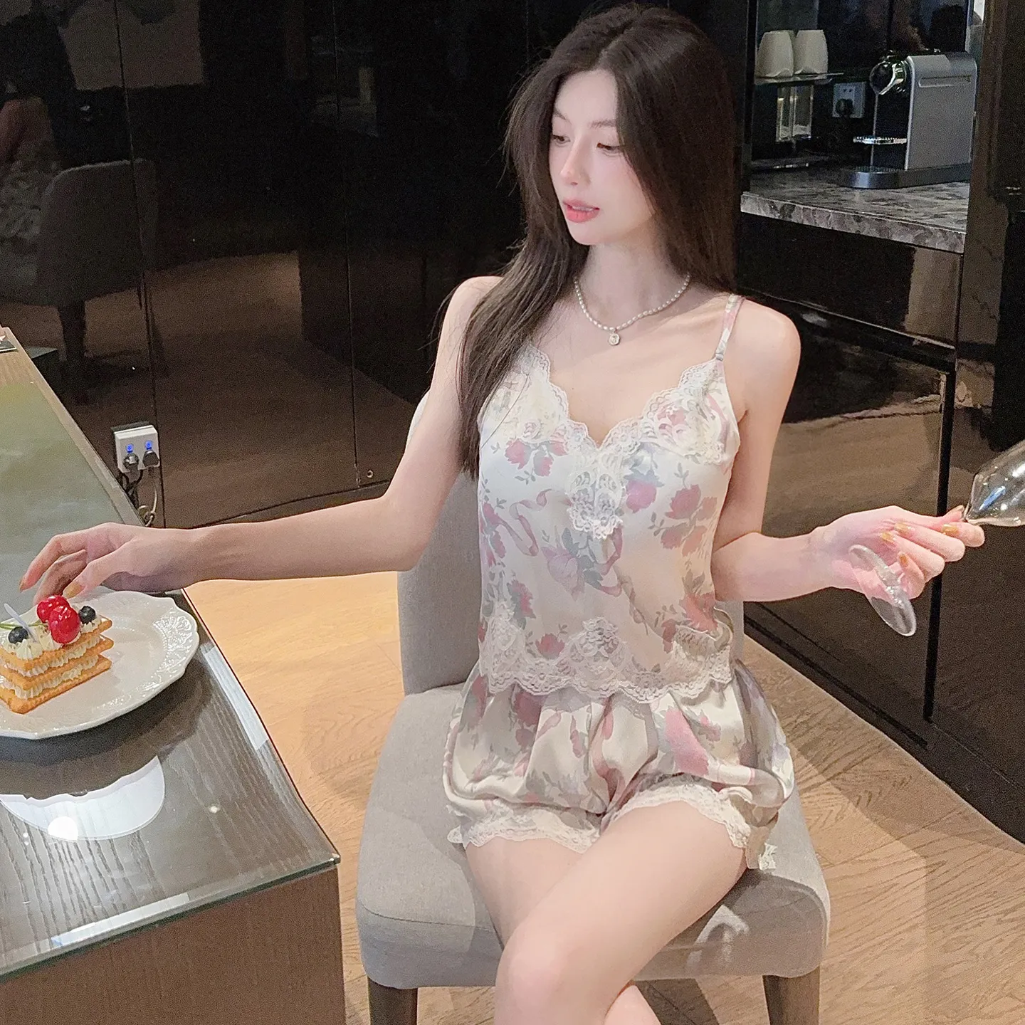 Live-streaming Bestseller Ice Silk Floral Pajamas Women's Pure Desire Style Rose Summer Slimming Wearable Outside Loungewear · Wholesale · OEM · Worldwide Shipping - View 3