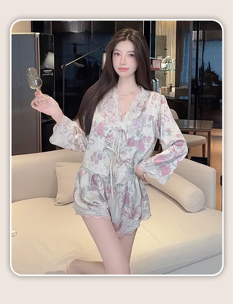 Live-streaming Bestseller Ice Silk Floral Pajamas Women's Pure Desire Style Rose Summer Slimming Wearable Outside Loungewear · Wholesale · OEM · Worldwide Shipping - Detail 15