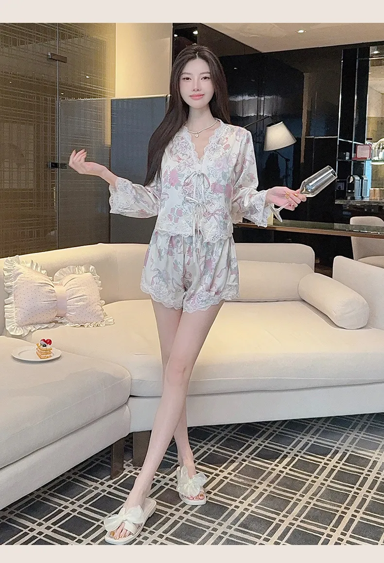 Live-streaming Bestseller Ice Silk Floral Pajamas Women's Pure Desire Style Rose Summer Slimming Wearable Outside Loungewear · Wholesale · OEM · Worldwide Shipping - Detail 4