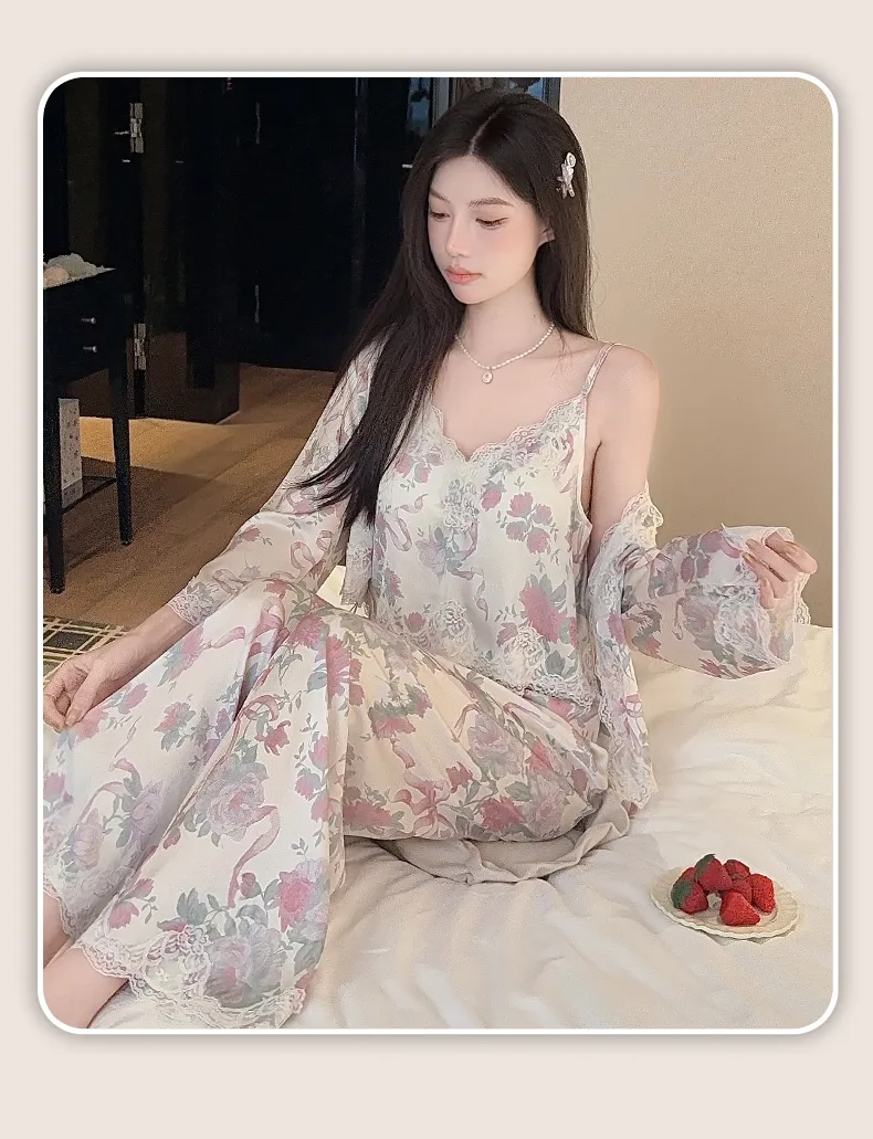Live-streaming Bestseller Ice Silk Floral Pajamas Women's Pure Desire Style Rose Summer Slimming Wearable Outside Loungewear · Wholesale · OEM · Worldwide Shipping - Detail 27