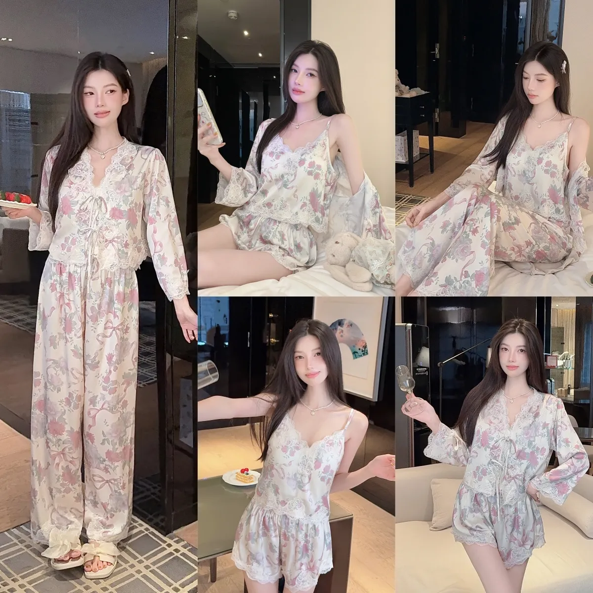 Live-streaming Bestseller Ice Silk Floral Pajamas Women's Pure Desire Style Rose Summer Slimming Wearable Outside Loungewear · Wholesale · OEM · Worldwide Shipping