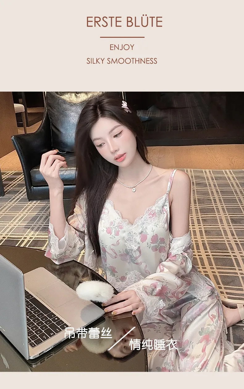 Live-streaming Bestseller Ice Silk Floral Pajamas Women's Pure Desire Style Rose Summer Slimming Wearable Outside Loungewear · Wholesale · OEM · Worldwide Shipping - Detail 21