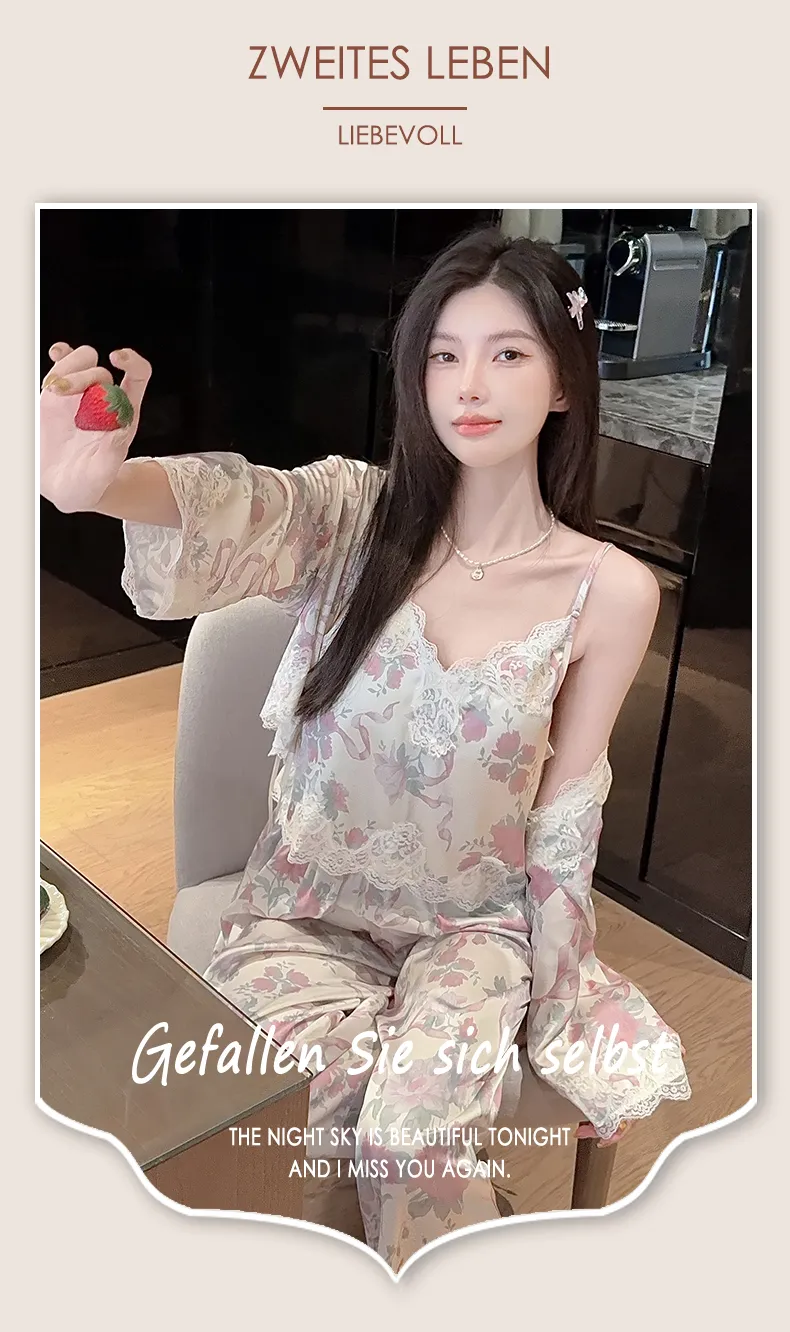 Live-streaming Bestseller Ice Silk Floral Pajamas Women's Pure Desire Style Rose Summer Slimming Wearable Outside Loungewear · Wholesale · OEM · Worldwide Shipping - Detail 26