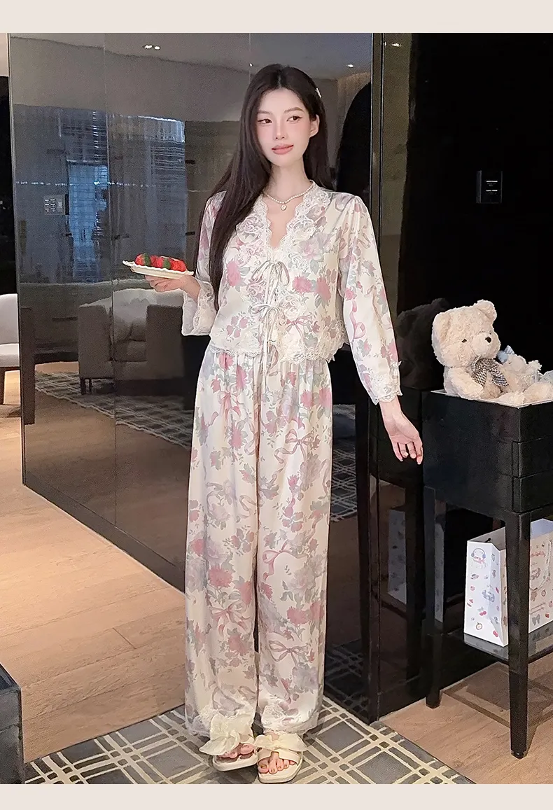 Live-streaming Bestseller Ice Silk Floral Pajamas Women's Pure Desire Style Rose Summer Slimming Wearable Outside Loungewear · Wholesale · OEM · Worldwide Shipping - Detail 20