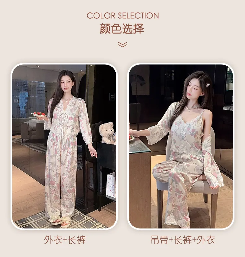 Live-streaming Bestseller Ice Silk Floral Pajamas Women's Pure Desire Style Rose Summer Slimming Wearable Outside Loungewear · Wholesale · OEM · Worldwide Shipping - Detail 6