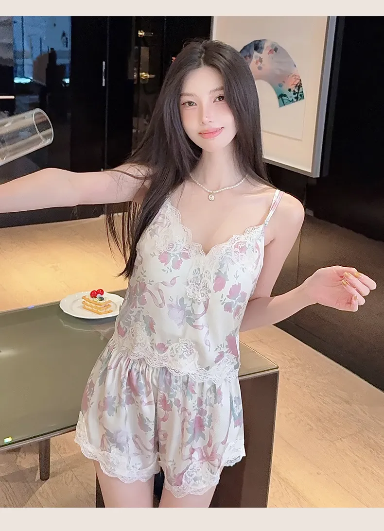 Live-streaming Bestseller Ice Silk Floral Pajamas Women's Pure Desire Style Rose Summer Slimming Wearable Outside Loungewear · Wholesale · OEM · Worldwide Shipping - Detail 13