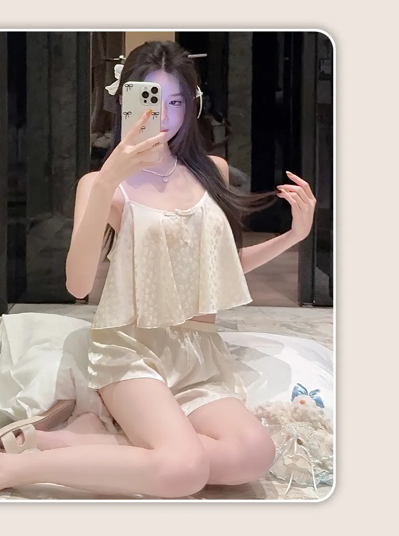 Frog Button Navel-Baring Cami with Chest Pad Short Jacquard Satin High-End Sexy Pure Desire Style Pajamas · Wholesale · OEM · Worldwide Shipping - Detail 18