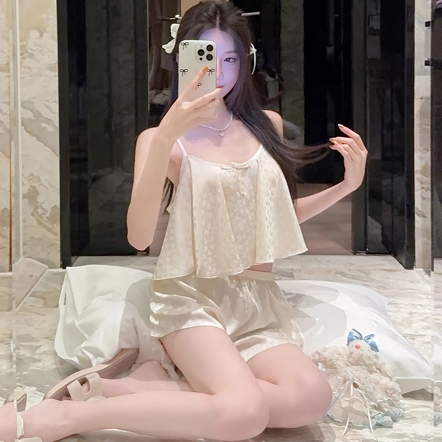 Frog Button Navel-Baring Cami with Chest Pad Short Jacquard Satin High-End Sexy Pure Desire Style Pajamas · Wholesale · OEM · Worldwide Shipping - View 1