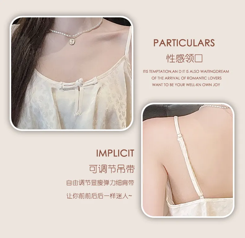 Frog Button Navel-Baring Cami with Chest Pad Short Jacquard Satin High-End Sexy Pure Desire Style Pajamas · Wholesale · OEM · Worldwide Shipping - Detail 3