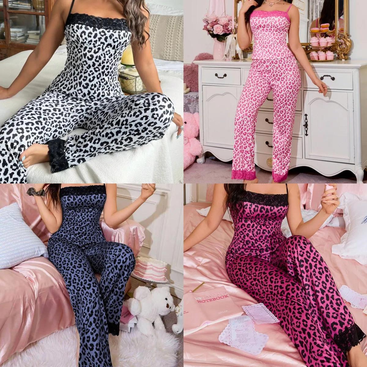 Europe & US Cross-Border Leopard Print Lace Sexy Camisole Pajama Set with Long Pants, Comfortable Casual Two-Piece Wearable-Outside Loungewear · Wholesale · OEM · Worldwide Shipping