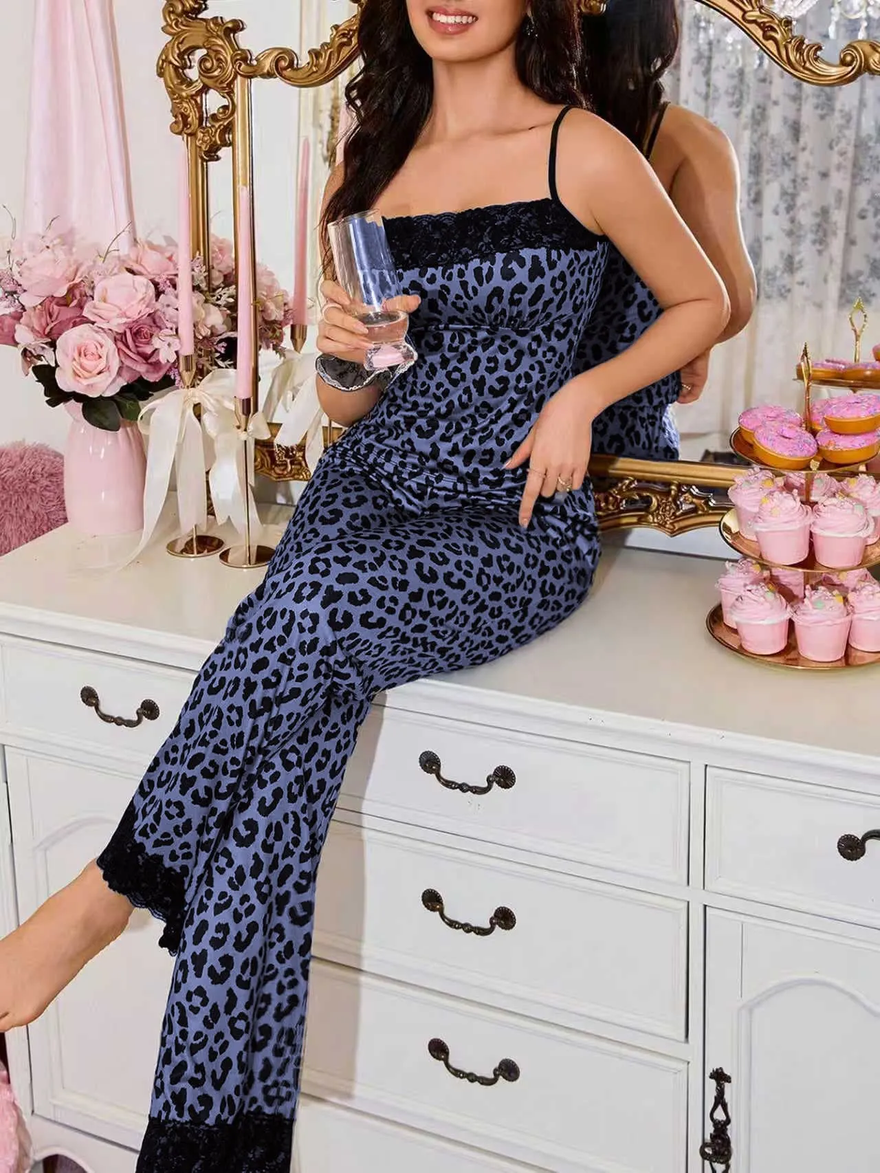 Europe & US Cross-Border Leopard Print Lace Sexy Camisole Pajama Set with Long Pants, Comfortable Casual Two-Piece Wearable-Outside Loungewear · Wholesale · OEM · Worldwide Shipping - Detail 19