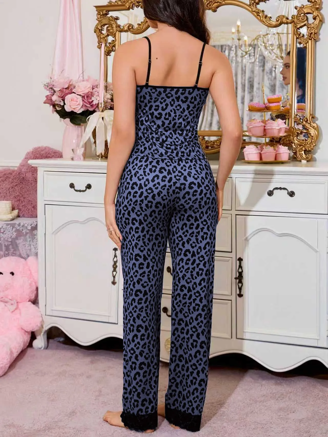Europe & US Cross-Border Leopard Print Lace Sexy Camisole Pajama Set with Long Pants, Comfortable Casual Two-Piece Wearable-Outside Loungewear · Wholesale · OEM · Worldwide Shipping - Detail 16
