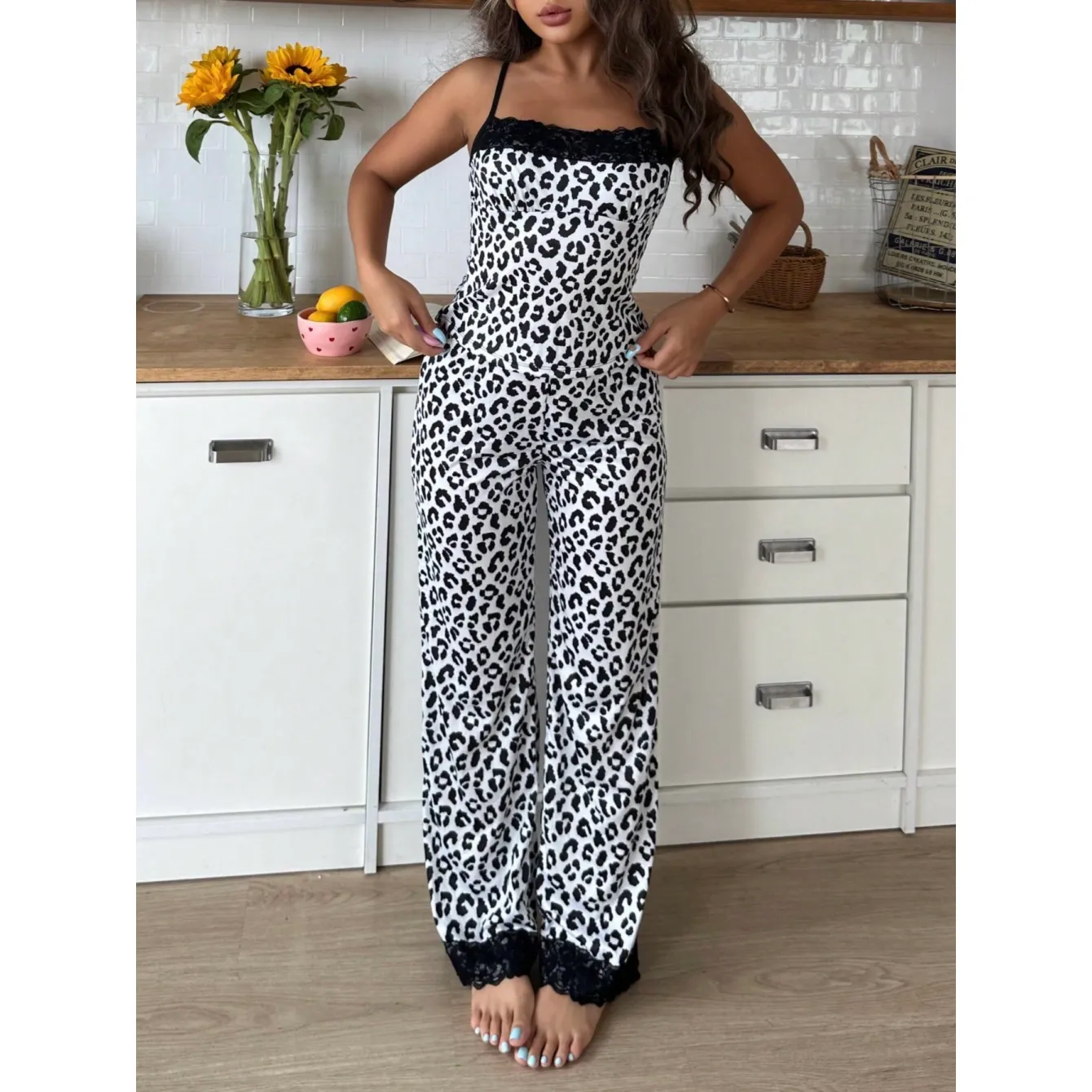 Europe & US Cross-Border Leopard Print Lace Sexy Camisole Pajama Set with Long Pants, Comfortable Casual Two-Piece Wearable-Outside Loungewear · Wholesale · OEM · Worldwide Shipping - View 3