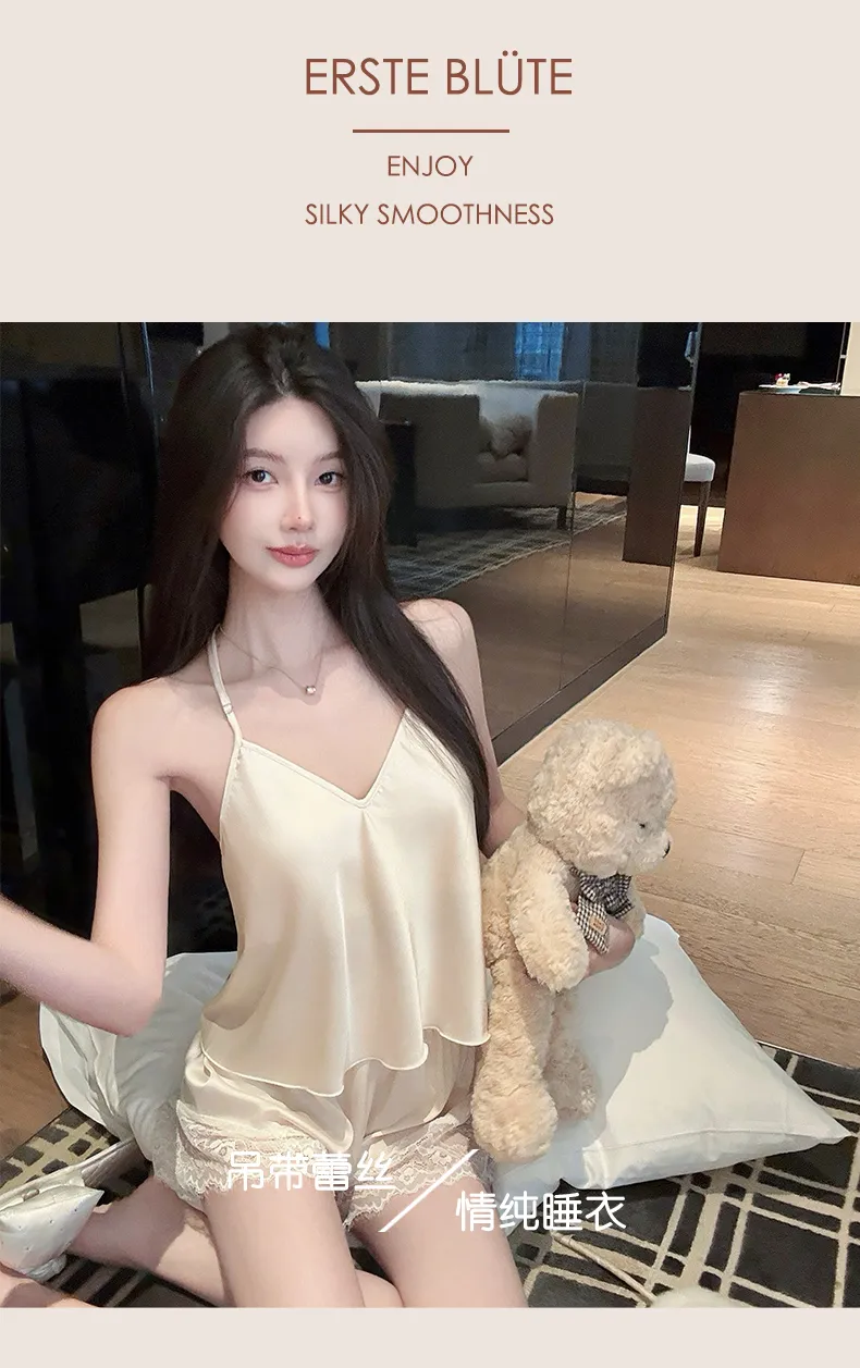 Sexy Lace Light Luxury Backless Pajamas for Women Summer Thin with Chest Pad Alluring Pure Desire Style Loungewear · Wholesale · OEM · Worldwide Shipping - Detail 9