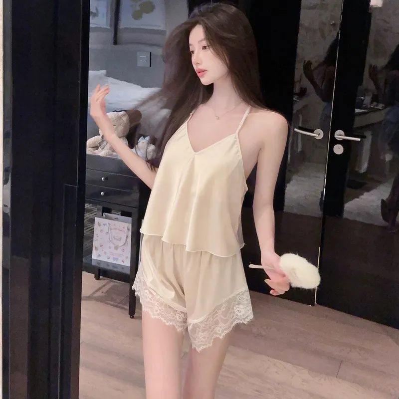 Sexy Lace Light Luxury Backless Pajamas for Women Summer Thin with Chest Pad Alluring Pure Desire Style Loungewear · Wholesale · OEM · Worldwide Shipping - View 1