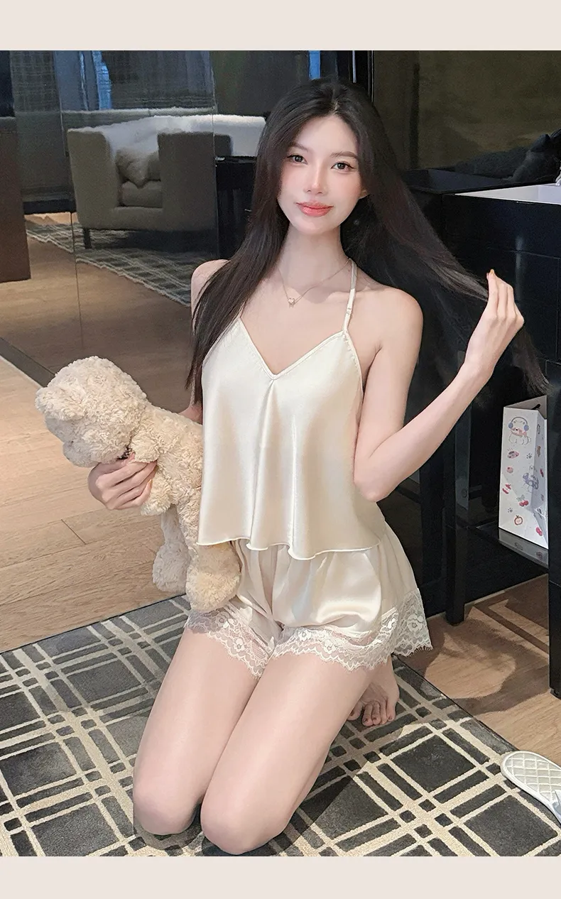 Sexy Lace Light Luxury Backless Pajamas for Women Summer Thin with Chest Pad Alluring Pure Desire Style Loungewear · Wholesale · OEM · Worldwide Shipping - Detail 16