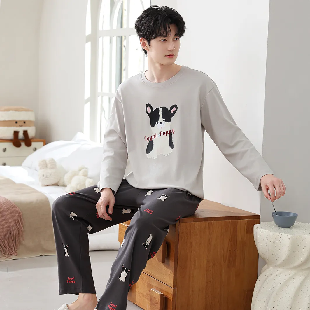 New Autumn Men's Pajama Set, Stretch Cotton-Like Crew Neck Pullover with Long Sleeves and Long Pants, Casual Comfortable Loungewear · Wholesale · OEM · Worldwide Shipping