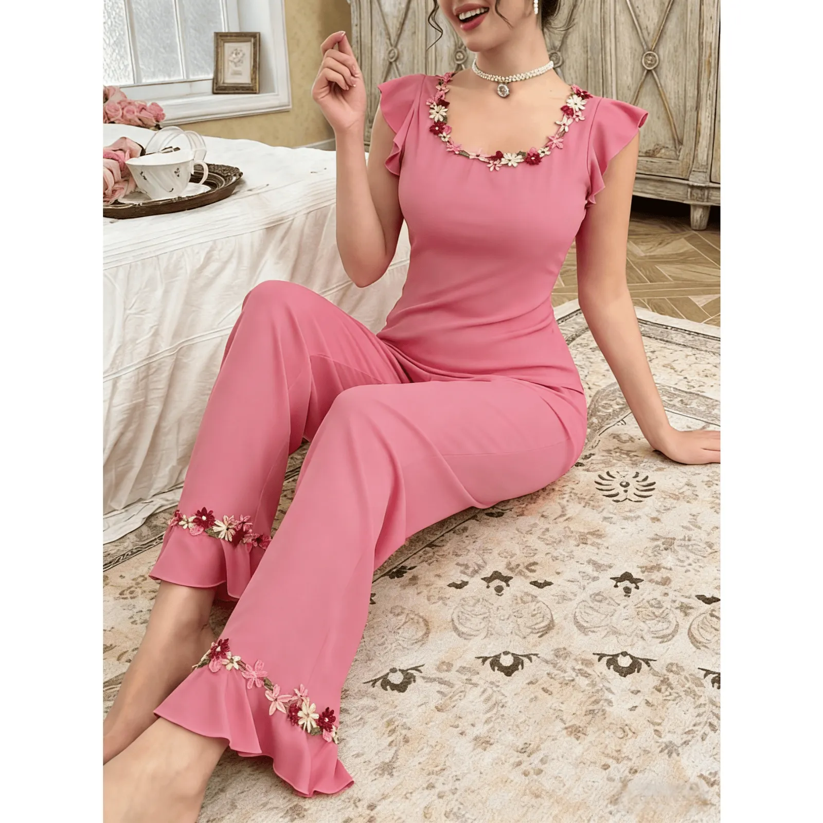 Cross-Border New Summer Solid Color Pajama Set, Fashion Embroidered Crew Neck Pullover Top and Stretch Flare Pants, Two-Piece Loungewear · Wholesale · OEM · Worldwide Shipping - View 3