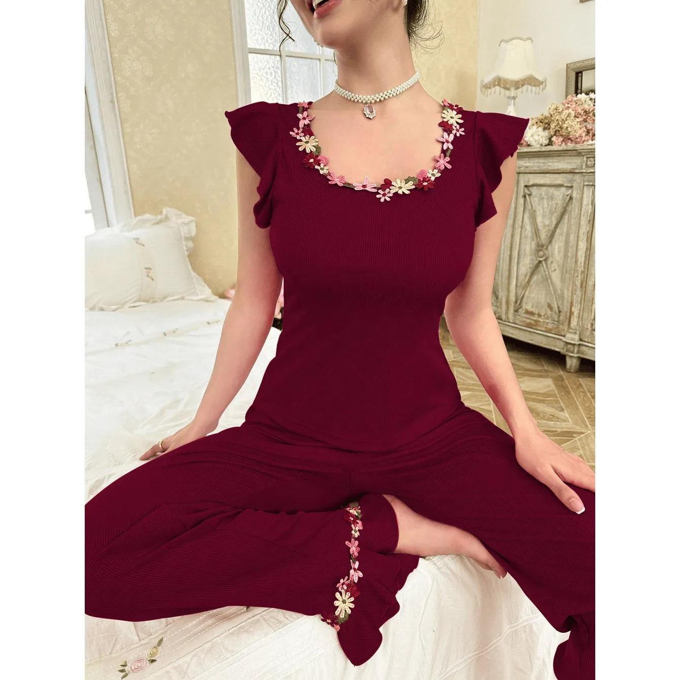 Cross-Border New Summer Solid Color Pajama Set, Fashion Embroidered Crew Neck Pullover Top and Stretch Flare Pants, Two-Piece Loungewear · Wholesale · OEM · Worldwide Shipping - View 4