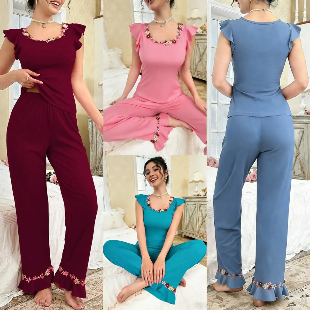 Cross-Border New Summer Solid Color Pajama Set, Fashion Embroidered Crew Neck Pullover Top and Stretch Flare Pants, Two-Piece Loungewear · Wholesale · OEM · Worldwide Shipping
