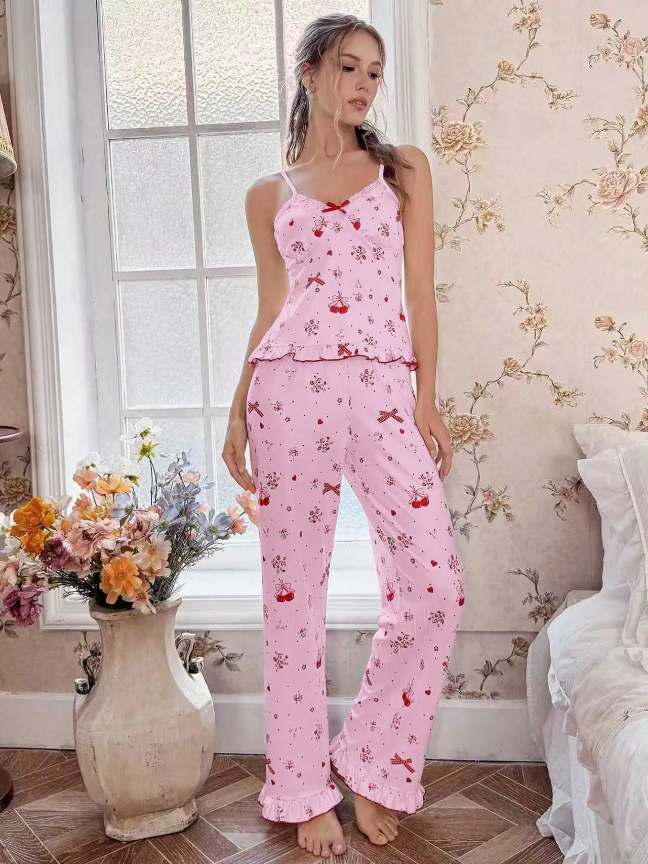 Women's Summer Sweet Girly Pajama Set, Cherry Fruit Print with Lace Panel and Elastic Waistband, Two-Piece Loungewear · Wholesale · OEM · Worldwide Shipping - Detail 2