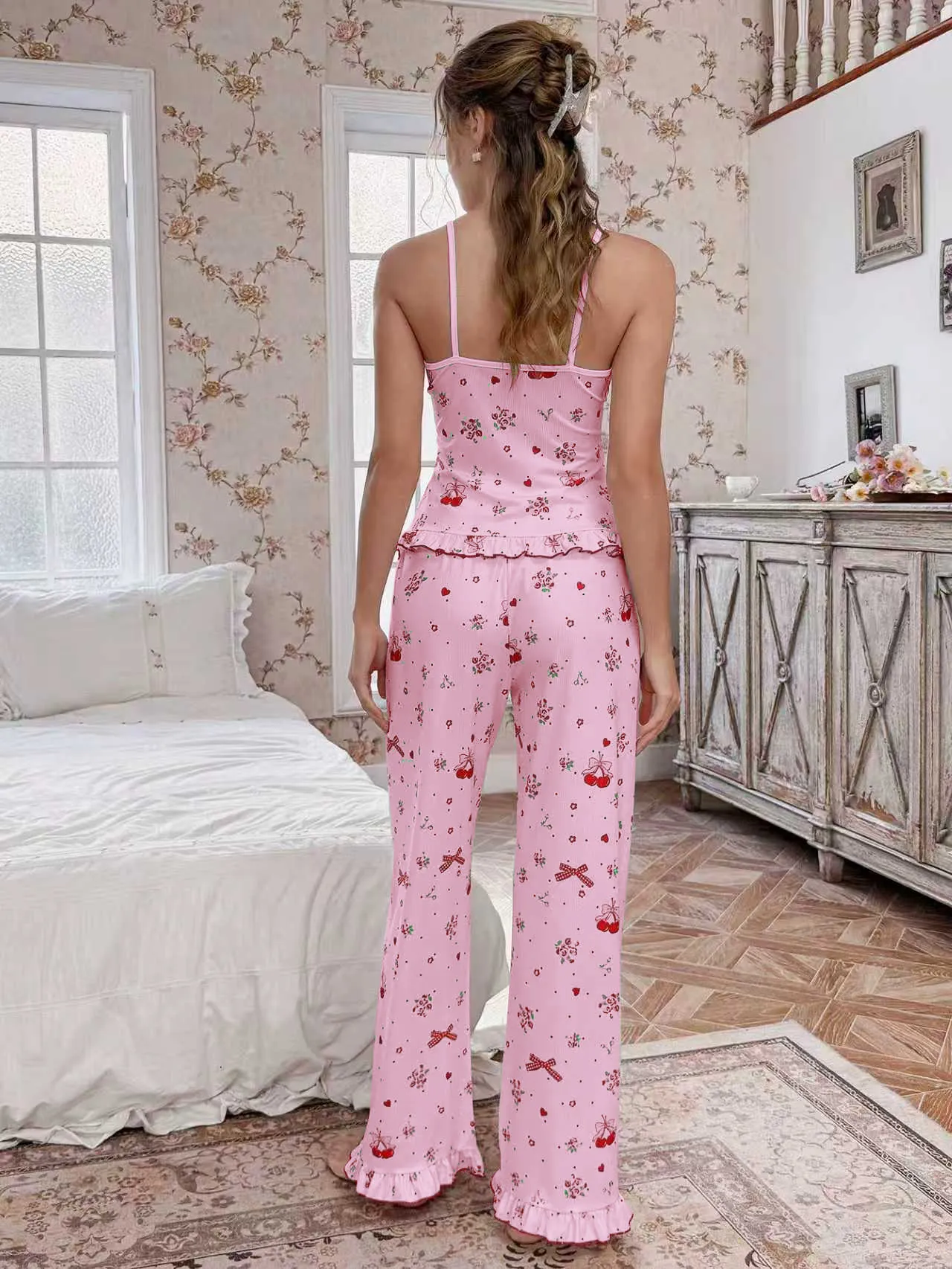 Women's Summer Sweet Girly Pajama Set, Cherry Fruit Print with Lace Panel and Elastic Waistband, Two-Piece Loungewear · Wholesale · OEM · Worldwide Shipping - Detail 3
