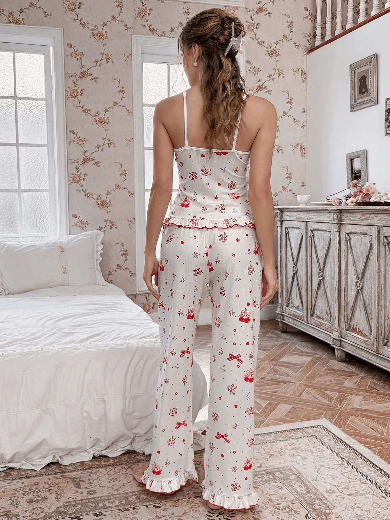 Women's Summer Sweet Girly Pajama Set, Cherry Fruit Print with Lace Panel and Elastic Waistband, Two-Piece Loungewear · Wholesale · OEM · Worldwide Shipping - Detail 8