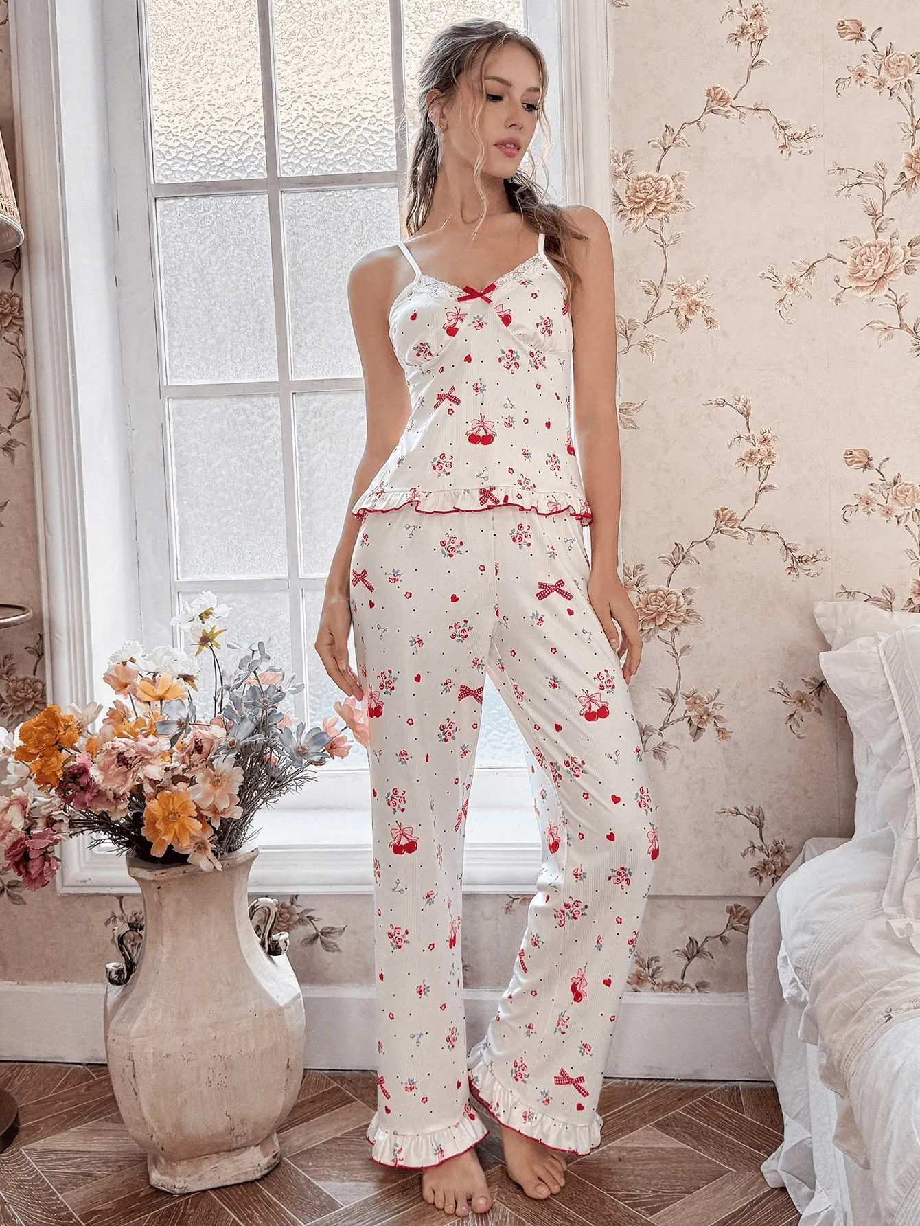 Women's Summer Sweet Girly Pajama Set, Cherry Fruit Print with Lace Panel and Elastic Waistband, Two-Piece Loungewear · Wholesale · OEM · Worldwide Shipping - Detail 13