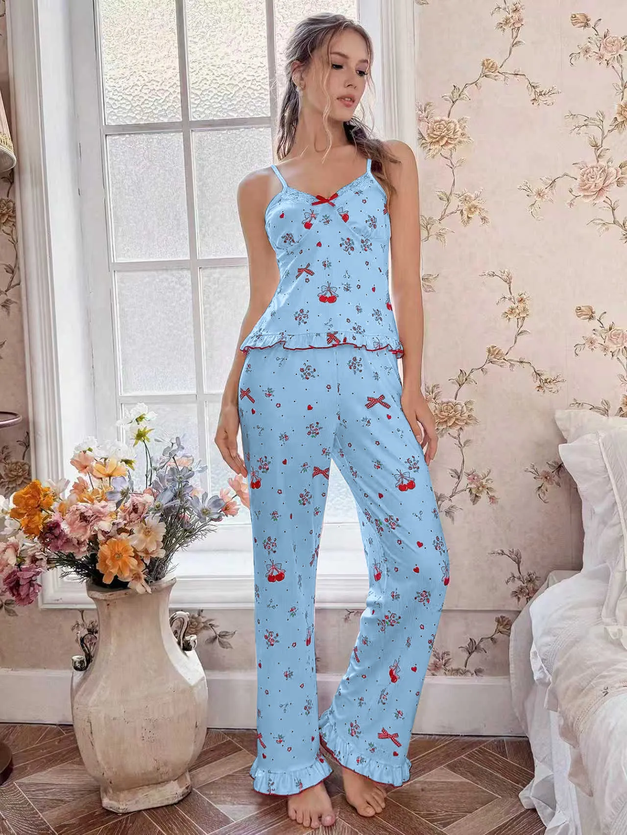 Women's Summer Sweet Girly Pajama Set, Cherry Fruit Print with Lace Panel and Elastic Waistband, Two-Piece Loungewear · Wholesale · OEM · Worldwide Shipping - Detail 15