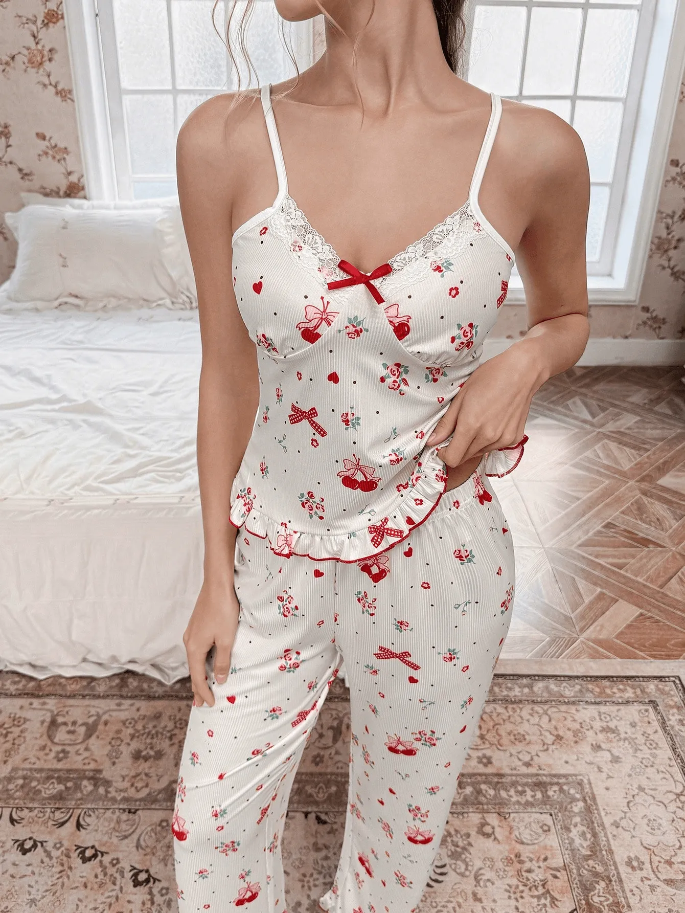 Women's Summer Sweet Girly Pajama Set, Cherry Fruit Print with Lace Panel and Elastic Waistband, Two-Piece Loungewear · Wholesale · OEM · Worldwide Shipping - Detail 11