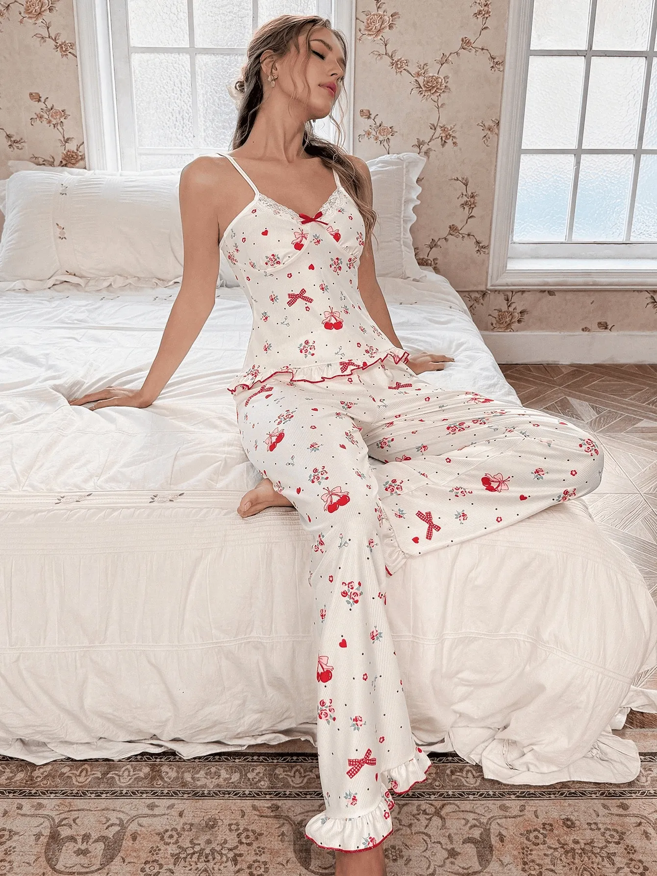 Women's Summer Sweet Girly Pajama Set, Cherry Fruit Print with Lace Panel and Elastic Waistband, Two-Piece Loungewear · Wholesale · OEM · Worldwide Shipping - Detail 10