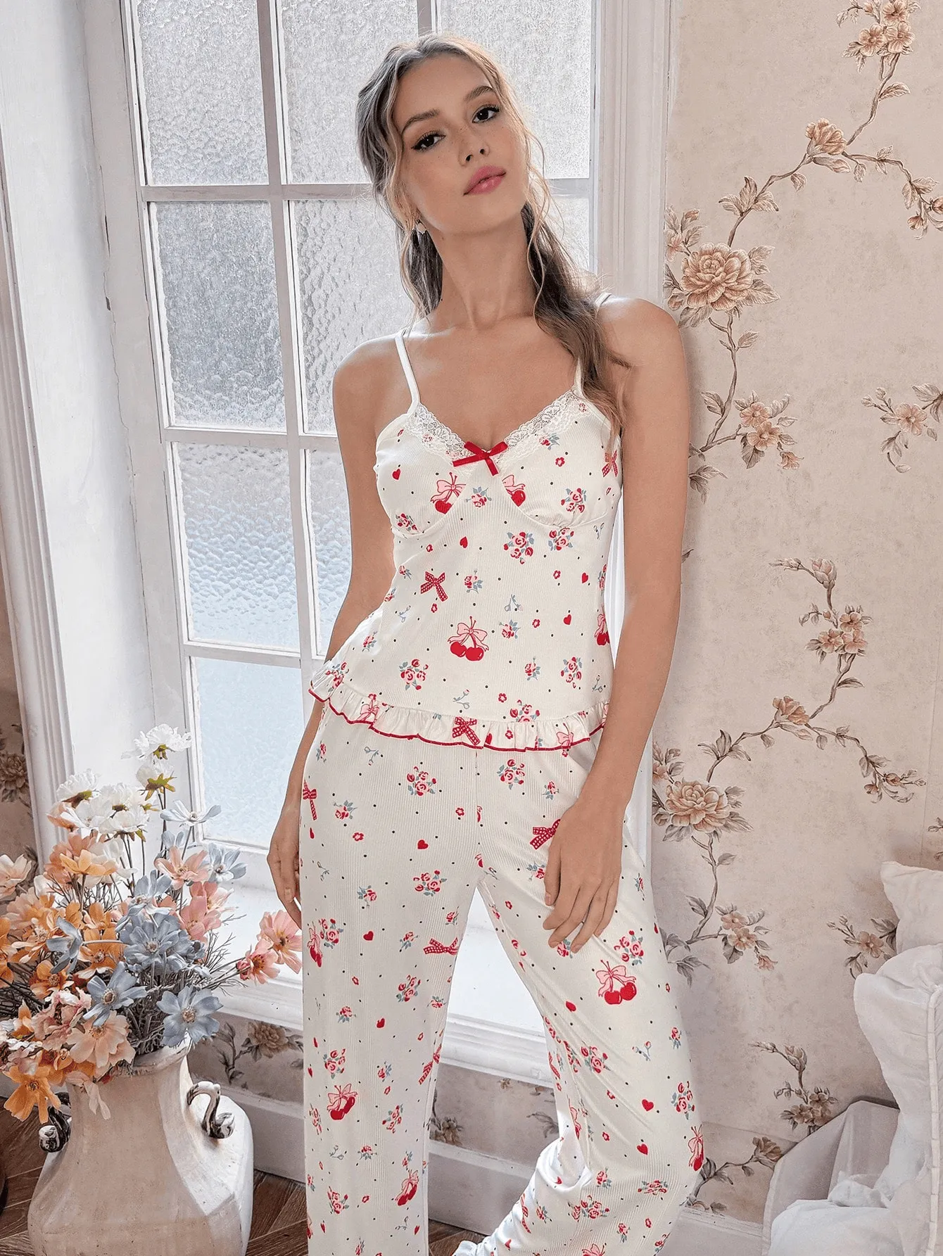 Women's Summer Sweet Girly Pajama Set, Cherry Fruit Print with Lace Panel and Elastic Waistband, Two-Piece Loungewear · Wholesale · OEM · Worldwide Shipping - Detail 12