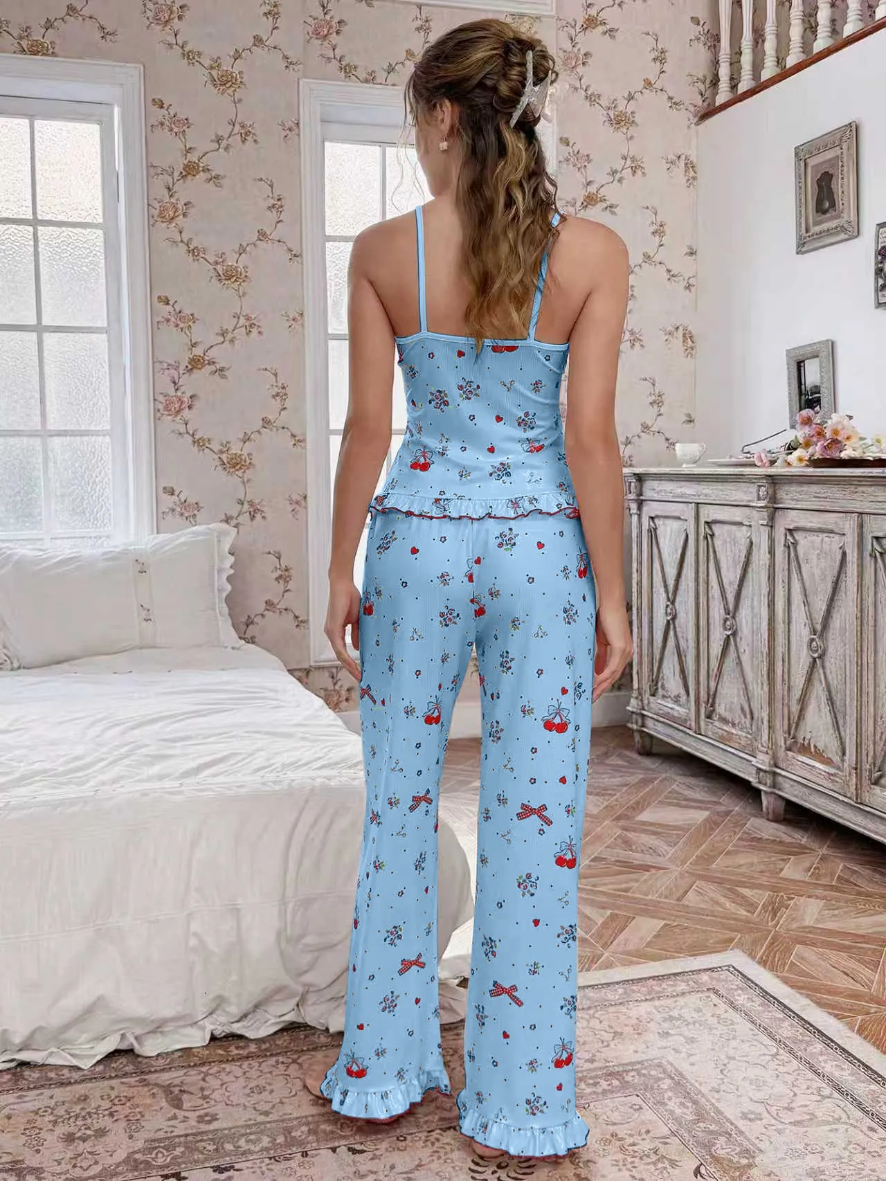 Women's Summer Sweet Girly Pajama Set, Cherry Fruit Print with Lace Panel and Elastic Waistband, Two-Piece Loungewear · Wholesale · OEM · Worldwide Shipping - Detail 16