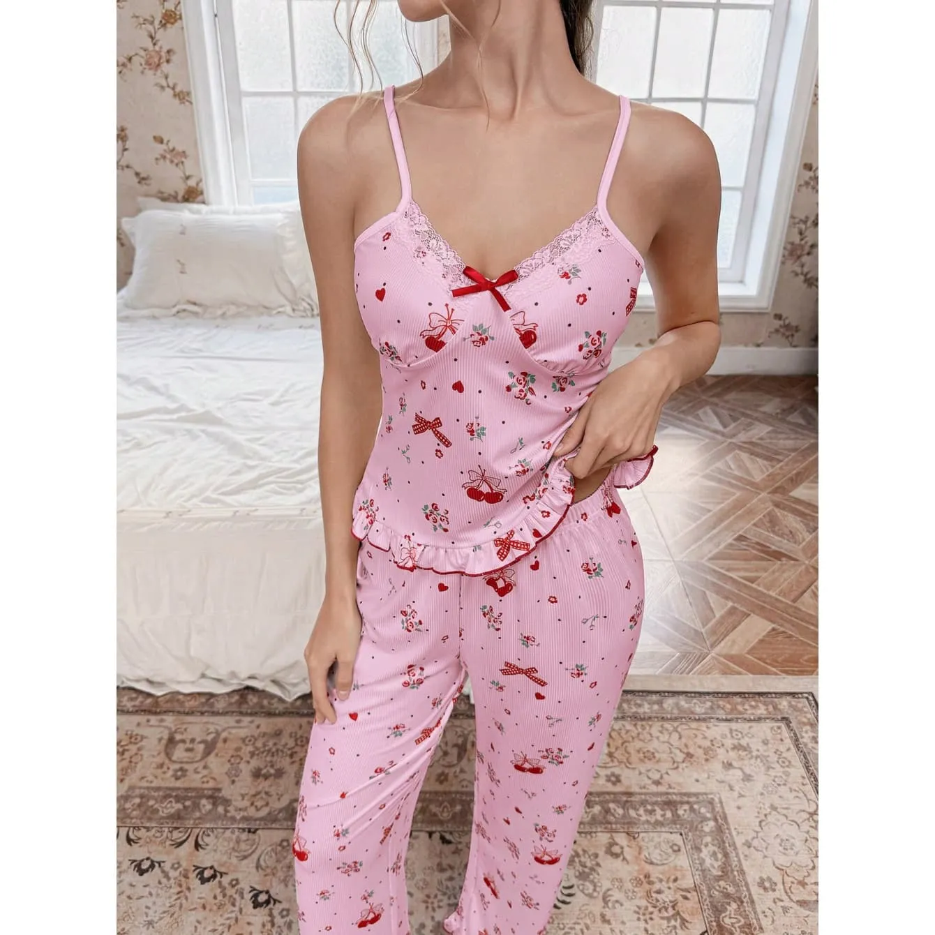 Women's Summer Sweet Girly Pajama Set, Cherry Fruit Print with Lace Panel and Elastic Waistband, Two-Piece Loungewear · Wholesale · OEM · Worldwide Shipping - View 2