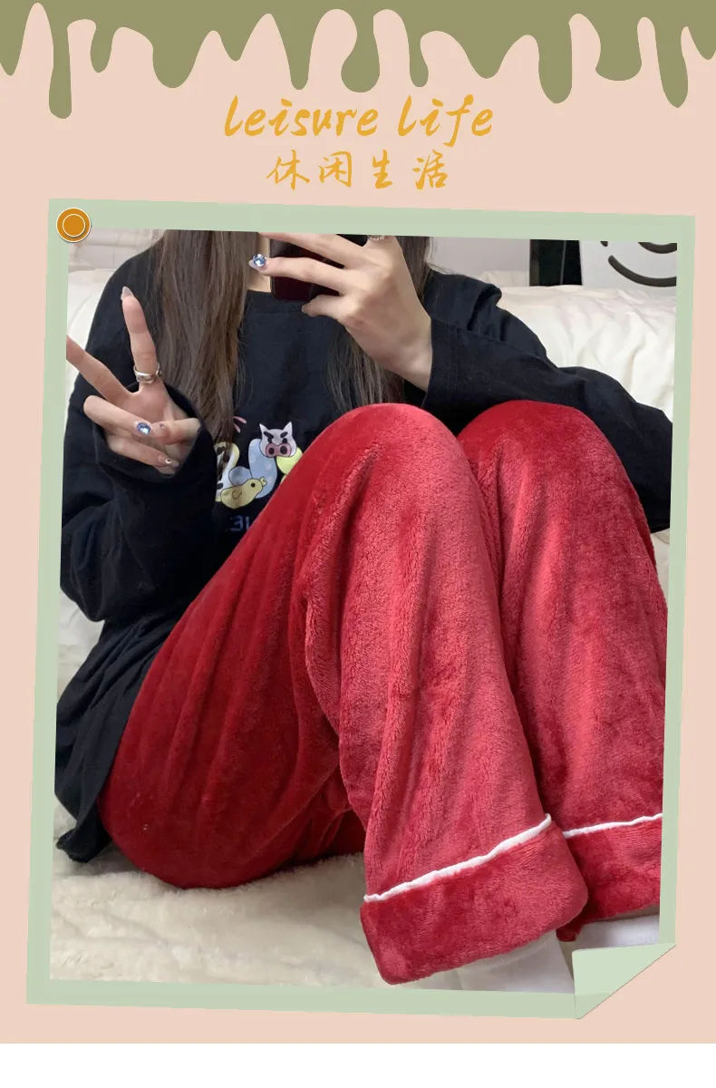 Women's Winter Flannel Thickened Pajama Pants Minimalist Solid Color Mid-Rise Warm Loose Plus Size Wearable Outside Home Pants · Wholesale · OEM · Worldwide Shipping - Detail 1