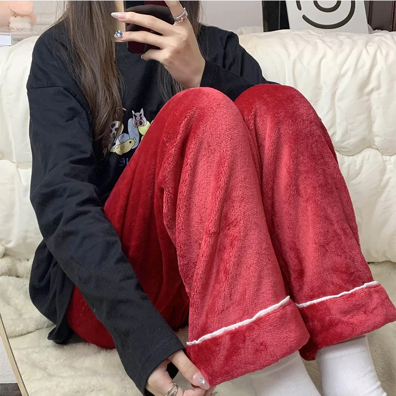 Women's Winter Flannel Thickened Pajama Pants Minimalist Solid Color Mid-Rise Warm Loose Plus Size Wearable Outside Home Pants · Wholesale · OEM · Worldwide Shipping