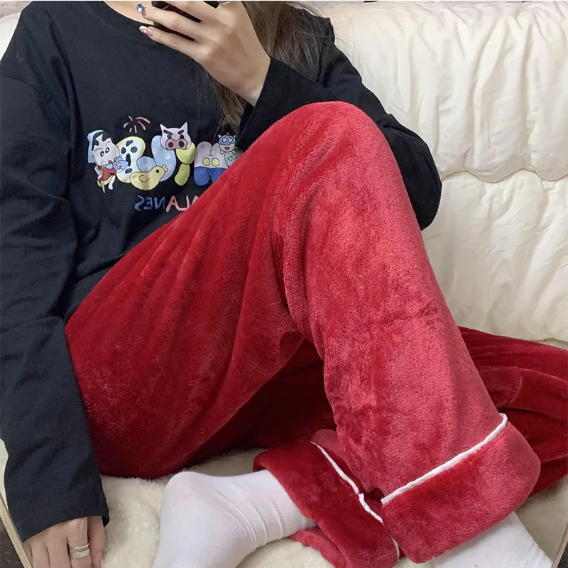 Women's Winter Flannel Thickened Pajama Pants Minimalist Solid Color Mid-Rise Warm Loose Plus Size Wearable Outside Home Pants · Wholesale · OEM · Worldwide Shipping - View 1