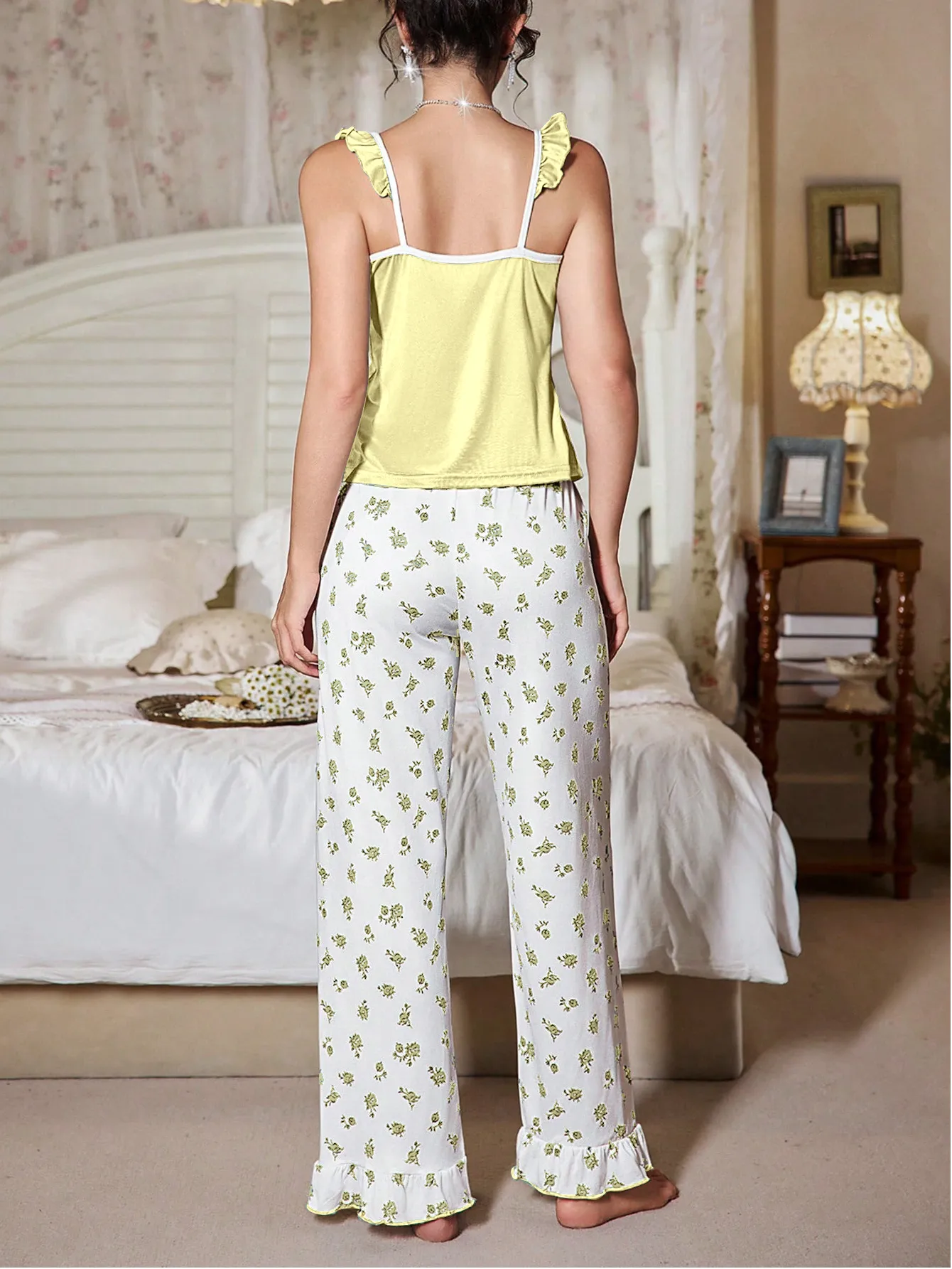 2026 American Retro Cap Sleeve Top and Small Floral Flare Pants Pajama Set, Casual Two-Piece Wearable-Outside Loungewear · Wholesale · OEM · Worldwide Shipping - Detail 8