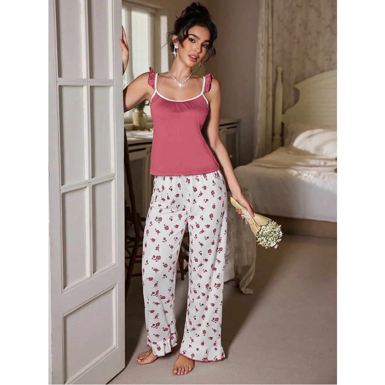 2026 American Retro Cap Sleeve Top and Small Floral Flare Pants Pajama Set, Casual Two-Piece Wearable-Outside Loungewear · Wholesale · OEM · Worldwide Shipping - View 1
