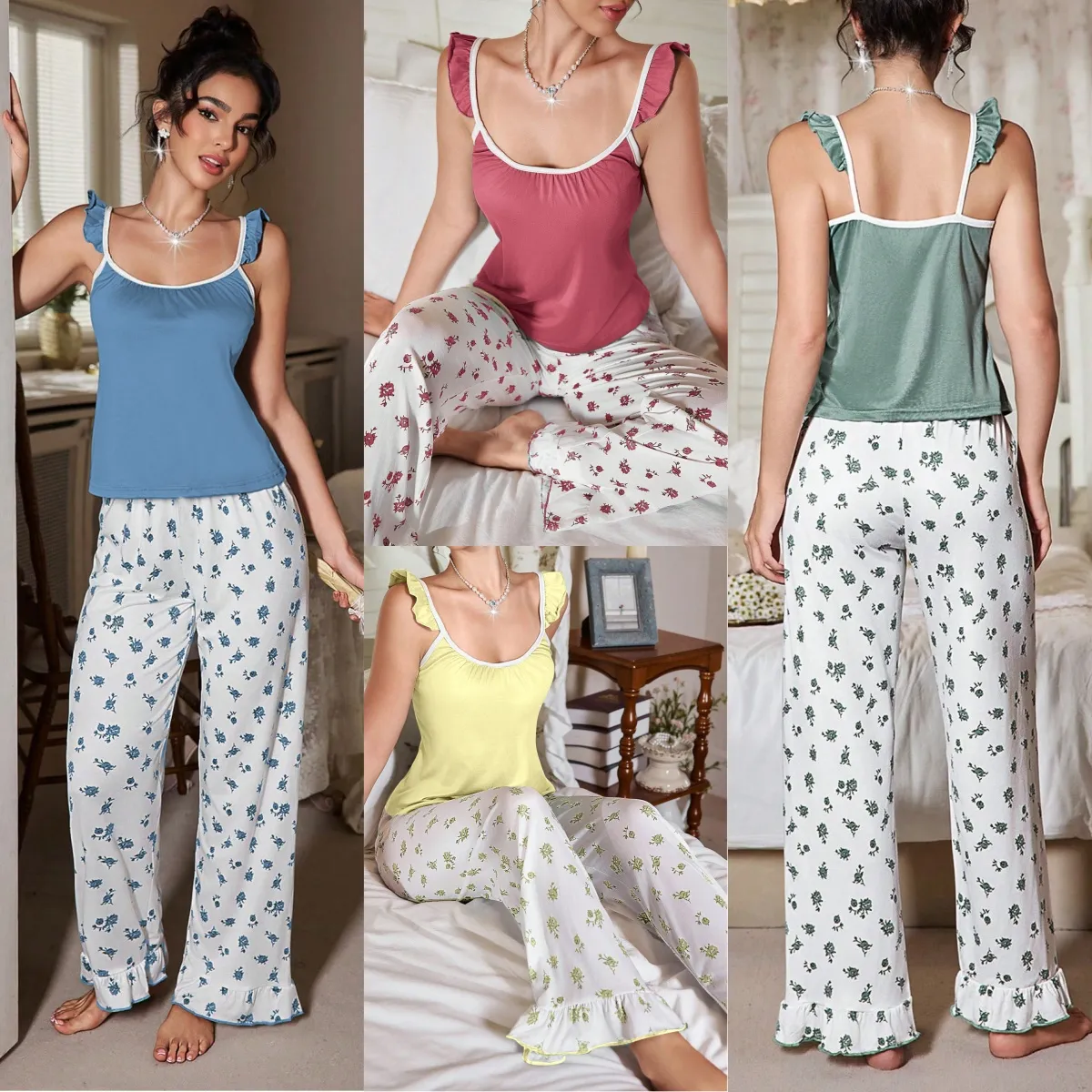 2026 American Retro Cap Sleeve Top and Small Floral Flare Pants Pajama Set, Casual Two-Piece Wearable-Outside Loungewear · Wholesale · OEM · Worldwide Shipping