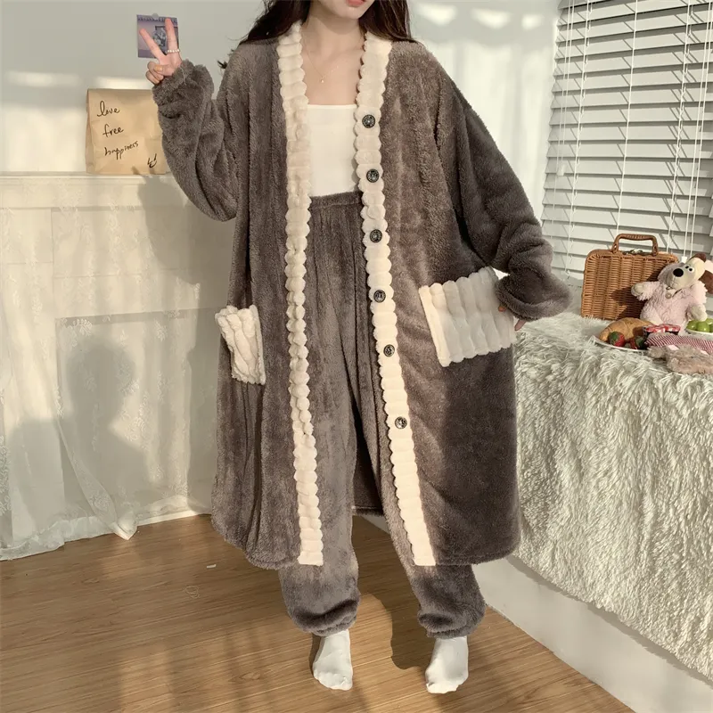 Real photos winter new robe set women coral fleece pajamas long plush long bathrobe set · Wholesale · OEM · Worldwide Shipping - View 4
