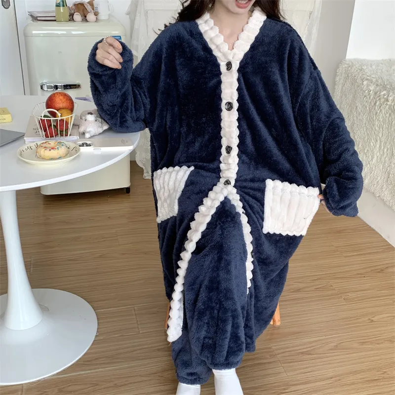 Real photos winter new robe set women coral fleece pajamas long plush long bathrobe set · Wholesale · OEM · Worldwide Shipping - View 1
