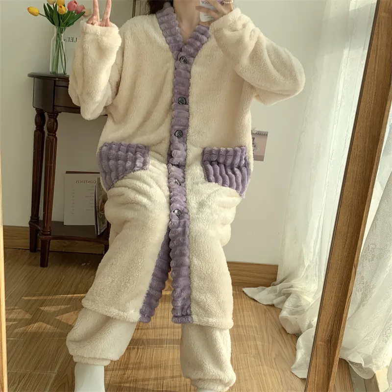Real photos winter new robe set women coral fleece pajamas long plush long bathrobe set · Wholesale · OEM · Worldwide Shipping - Detail 36
