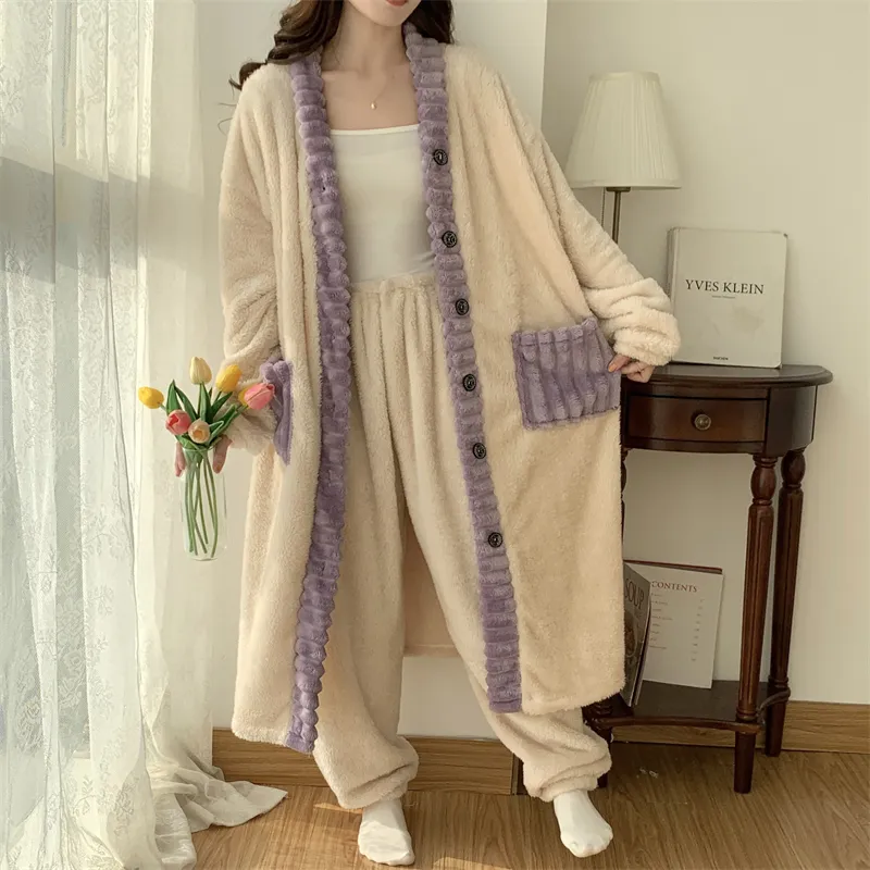 Real photos winter new robe set women coral fleece pajamas long plush long bathrobe set · Wholesale · OEM · Worldwide Shipping