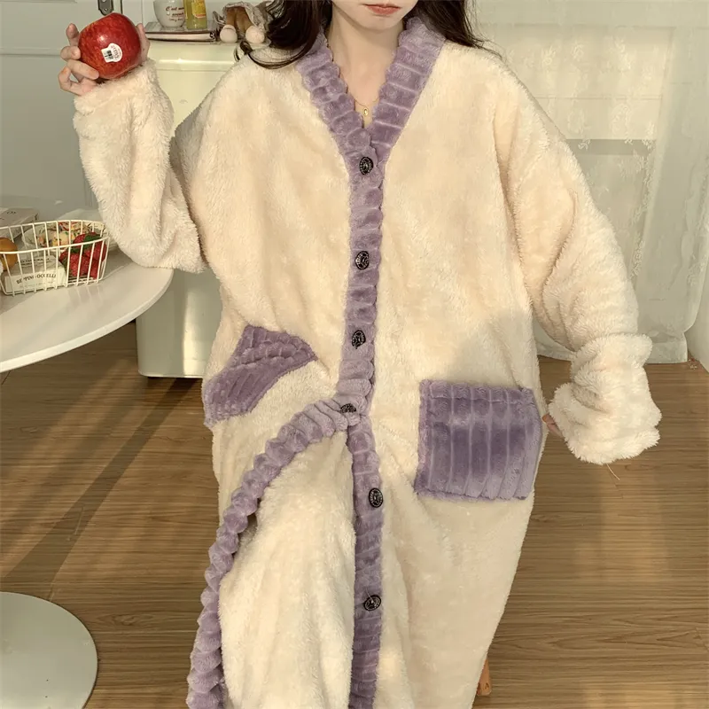 Real photos winter new robe set women coral fleece pajamas long plush long bathrobe set · Wholesale · OEM · Worldwide Shipping - Detail 29