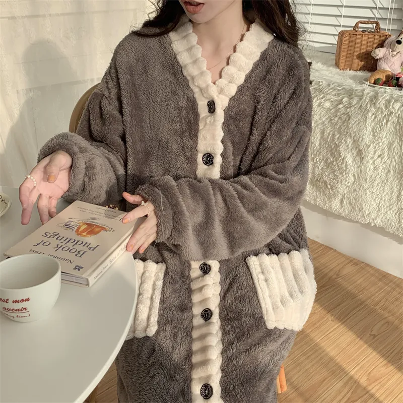 Real photos winter new robe set women coral fleece pajamas long plush long bathrobe set · Wholesale · OEM · Worldwide Shipping - Detail 4