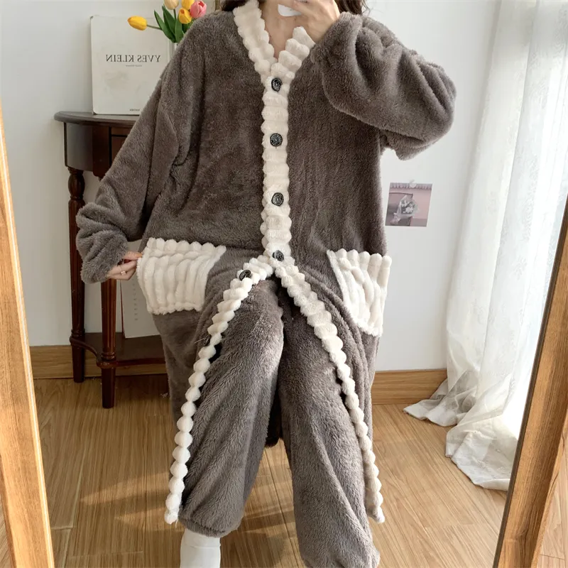 Real photos winter new robe set women coral fleece pajamas long plush long bathrobe set · Wholesale · OEM · Worldwide Shipping - Detail 21