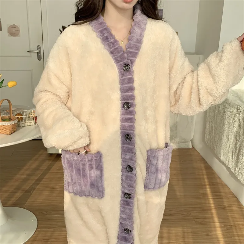 Real photos winter new robe set women coral fleece pajamas long plush long bathrobe set · Wholesale · OEM · Worldwide Shipping - Detail 26