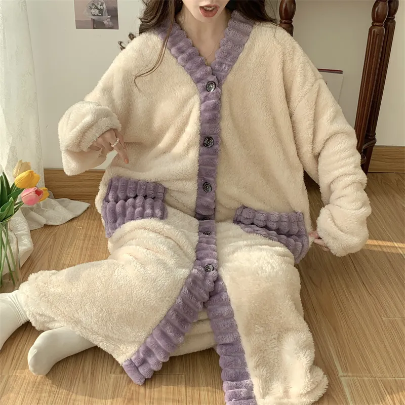 Real photos winter new robe set women coral fleece pajamas long plush long bathrobe set · Wholesale · OEM · Worldwide Shipping - Detail 35