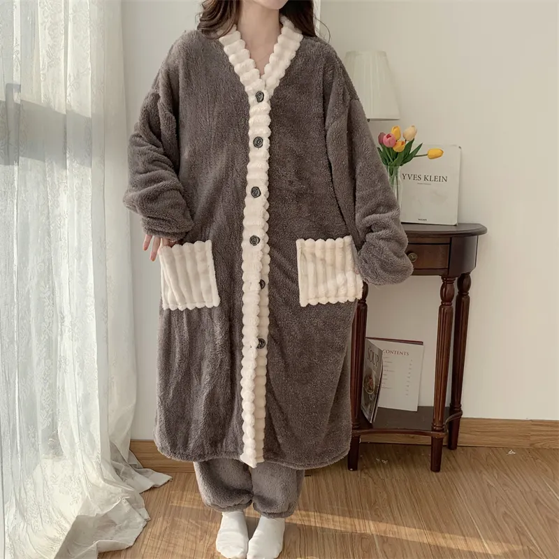 Real photos winter new robe set women coral fleece pajamas long plush long bathrobe set · Wholesale · OEM · Worldwide Shipping - Detail 23